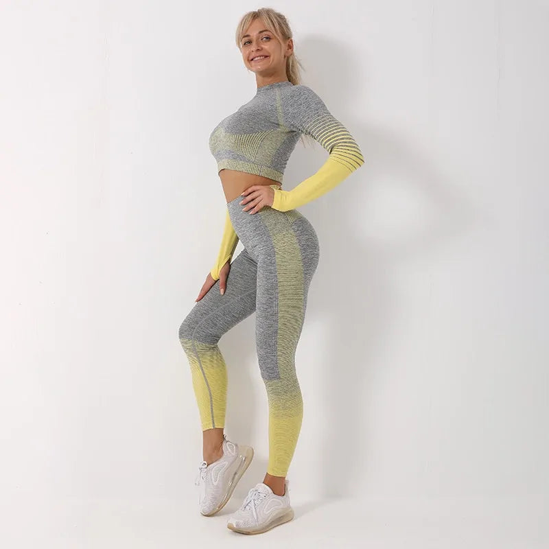 Seamless Ombre Long Sleeve Yoga Set: Women&#39;s High-Waisted Fitness Suit