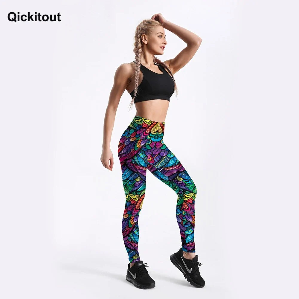 Quickitout Color Feathers 3D Printed Women&#39;s Mid-Waist Fitness Trousers