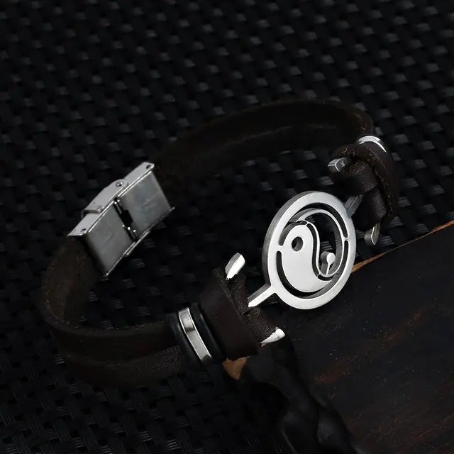 2024 Fashion Jewelry Stainless Steel Tai Chi Yin Yang Fish Leather Bracelet