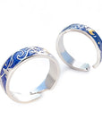 Adjustable Van Gogh Starry Night Couple Rings: Silver with Blue Stars - Valentine's Jewelry