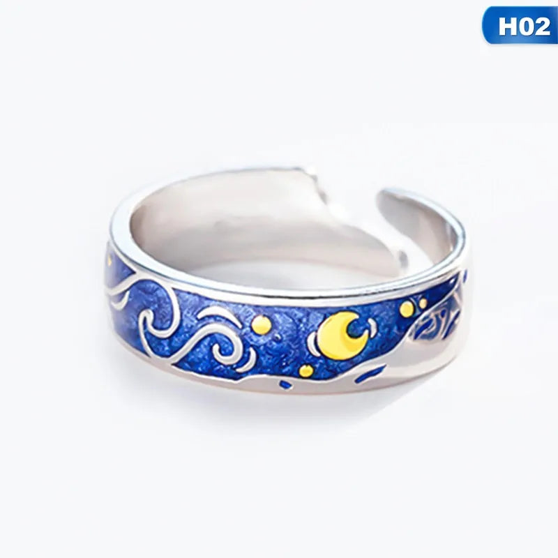 Adjustable Van Gogh Starry Night Couple Rings: Silver with Blue Stars - Valentine&#39;s Jewelry