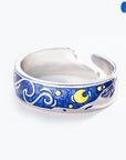 Adjustable Van Gogh Starry Night Couple Rings: Silver with Blue Stars - Valentine's Jewelry