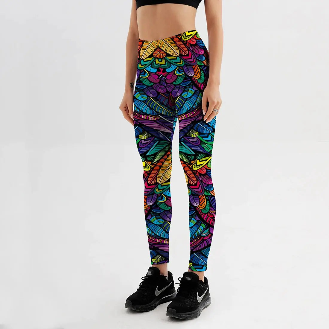 Quickitout Color Feathers 3D Printed Women&#39;s Mid-Waist Fitness Trousers