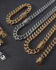 TOSOKO Stainless Steel Jewelry Winter Hip Hop Full Zircon Inlaid CUBAN CHAIN Plated 18 K Gold Necklace Bracelet Set BSP114-E028