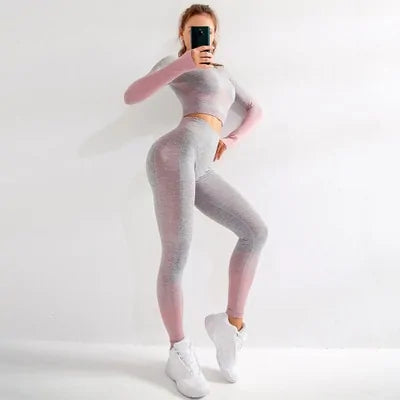 Seamless Ombre Long Sleeve Yoga Set: Women&#39;s High-Waisted Fitness Suit