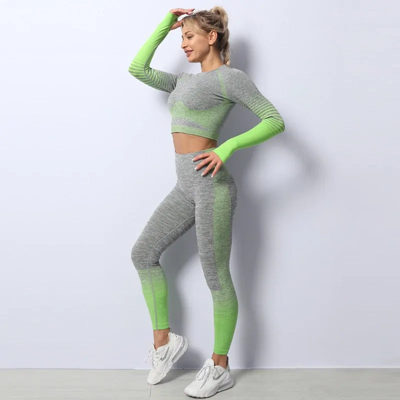 Seamless Ombre Long Sleeve Yoga Set: Women&#39;s High-Waisted Fitness Suit