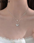 ANENJERY 925 Sterling Silver CZ Butterfly Necklace: Double Layer Dainty Jewelry