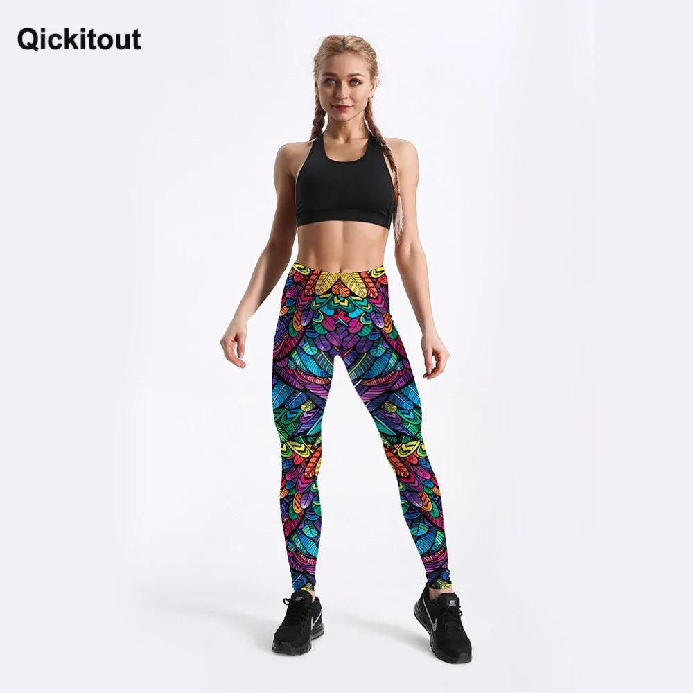 Quickitout Color Feathers 3D Printed Women&#39;s Mid-Waist Fitness Trousers