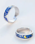 Adjustable Van Gogh Starry Night Couple Rings: Silver with Blue Stars - Valentine's Jewelry