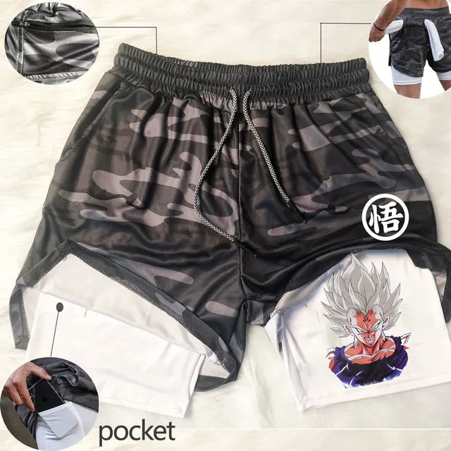 Anime Running Shorts Men Fitness Gym Training 2 in 1 Sports Shorts