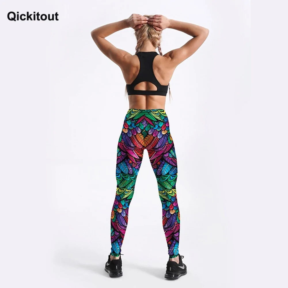 Quickitout Color Feathers 3D Printed Women&#39;s Mid-Waist Fitness Trousers