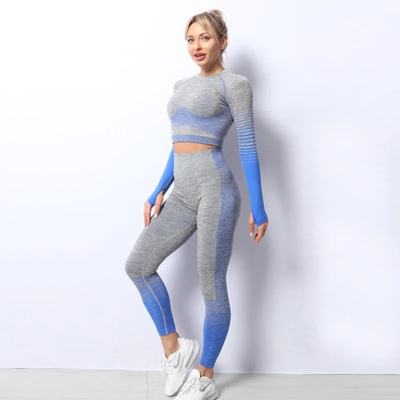 Seamless Ombre Long Sleeve Yoga Set: Women&#39;s High-Waisted Fitness Suit